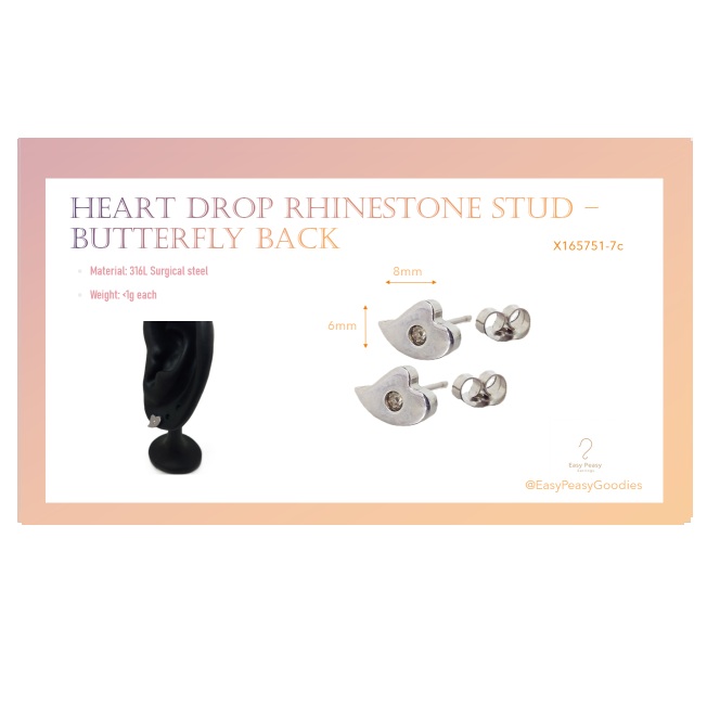 Heart Drop Rhinestone Stud – Butterfly Back (316L Stainless Steel) - Image 2