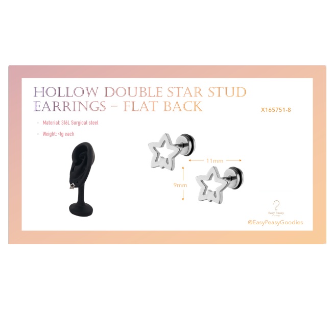 Hollow Double Star Stud – Flat Back (316L Stainless Steel) - Image 2