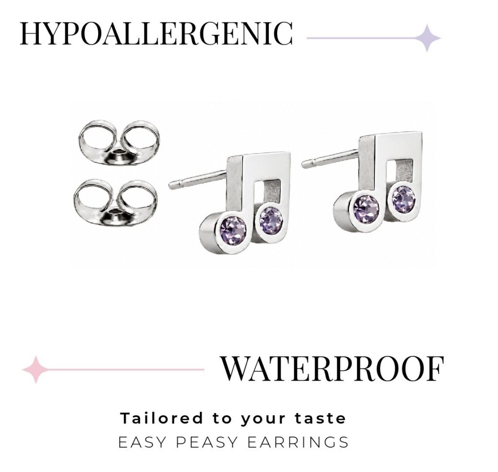 Music Note Rhinestone Stud – Butterfly Back (316L Stainless Steel)
