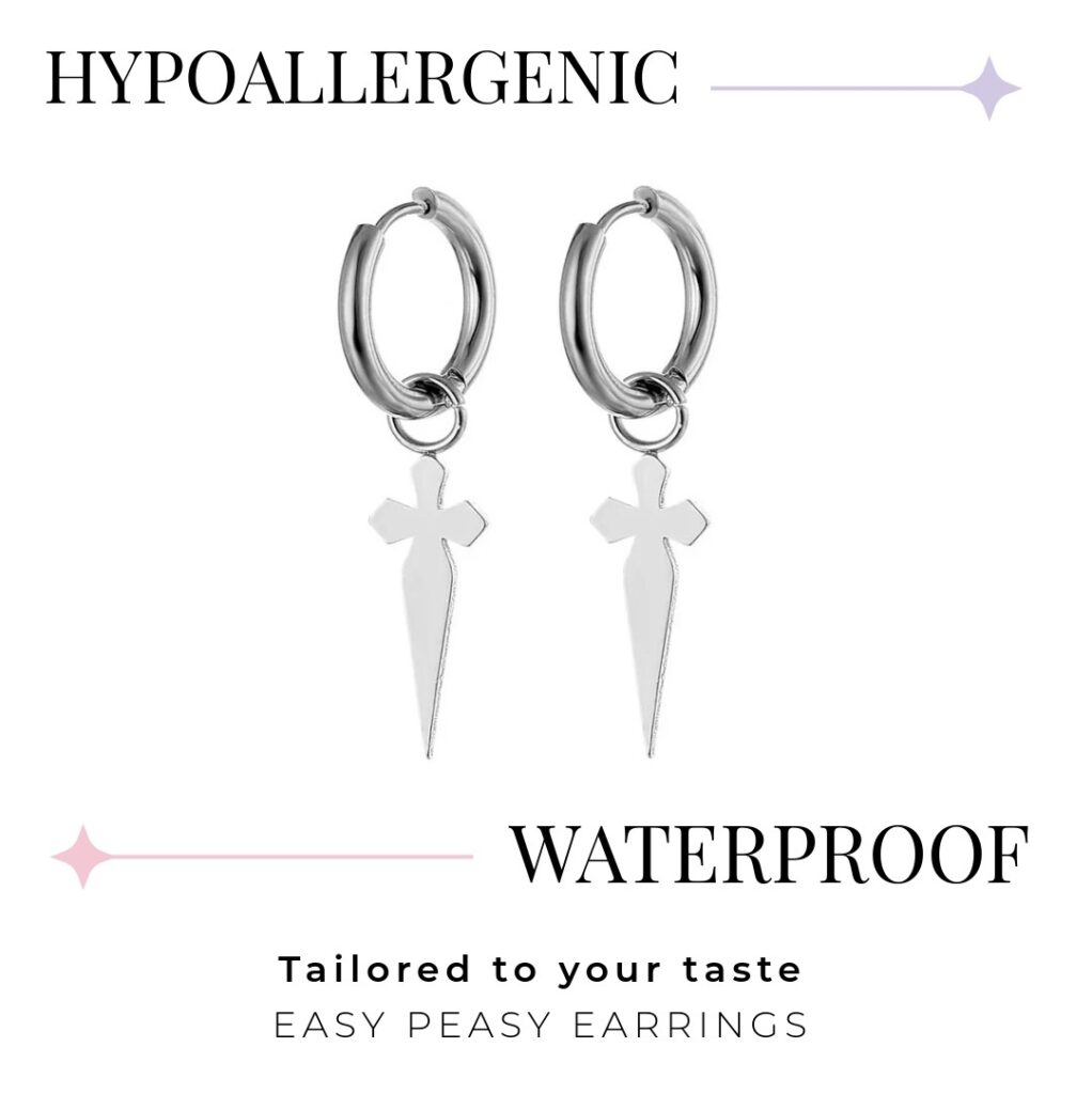 Gothic Punk Hoop Earrings - Cross Pendant Dangle (316L Stainless Steel)