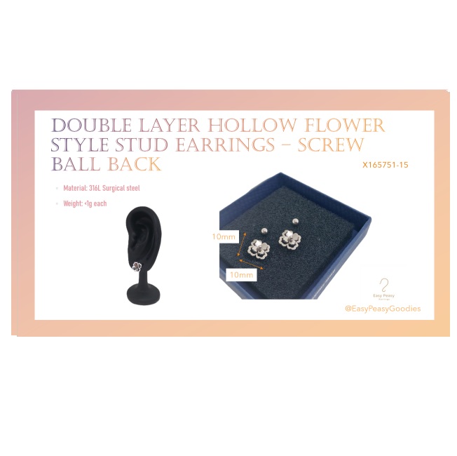 Double Layer Hollow Flower Style Stud - Screw Ball Back (316L Stainless Steel) - Image 2