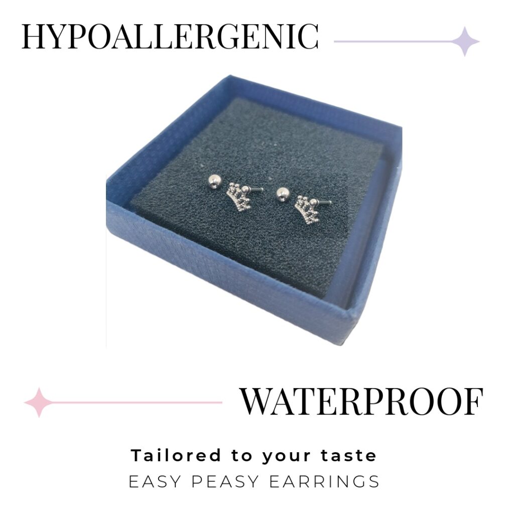 Mini Crown Style Stud Earrings - Screw Ball Back (316L Stainless Steel)
